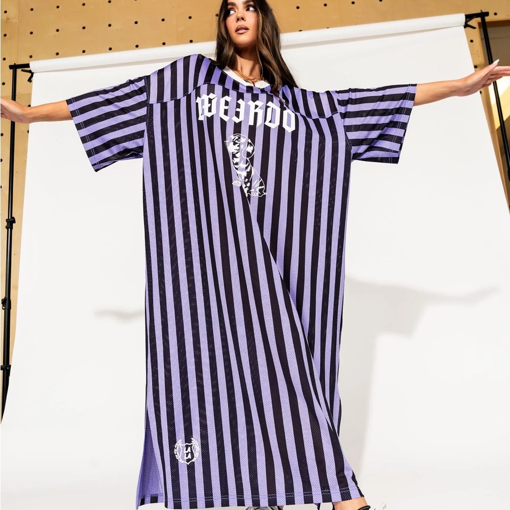 Dressed in LALA Purple and Black Striped Midi Dress